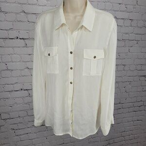 Chico's Ivory White Semi Sheer Button Up Roll Tab Long Sleeve Shirt Top 2 US 12